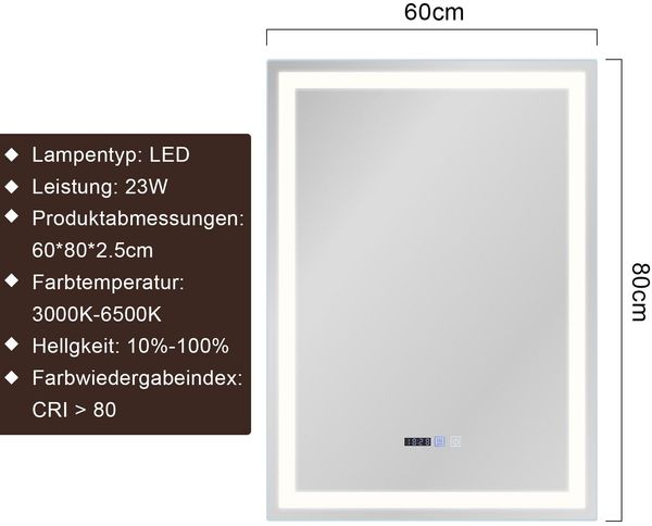 ZMH Beleuchteter Badezimmerspiegel - 60x80 cm LED, Wandmontage, IP44, Touch-Schalter, Uhr, Einstellbar Bild 4