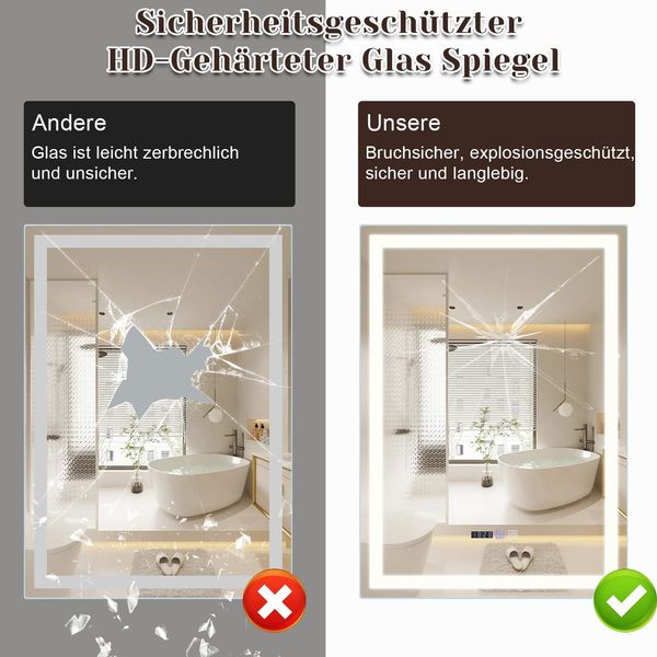ZMH Beleuchteter Badezimmerspiegel - 60x80 cm LED, Wandmontage, IP44, Touch-Schalter, Uhr, Einstellbar Bild 5