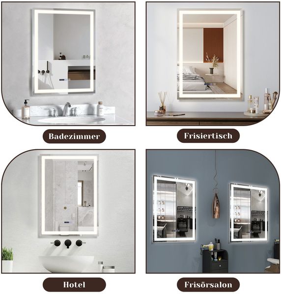 ZMH Beleuchteter Badezimmerspiegel - 60x80 cm LED, Wandmontage, IP44, Touch-Schalter, Uhr, Einstellbar Bild 7