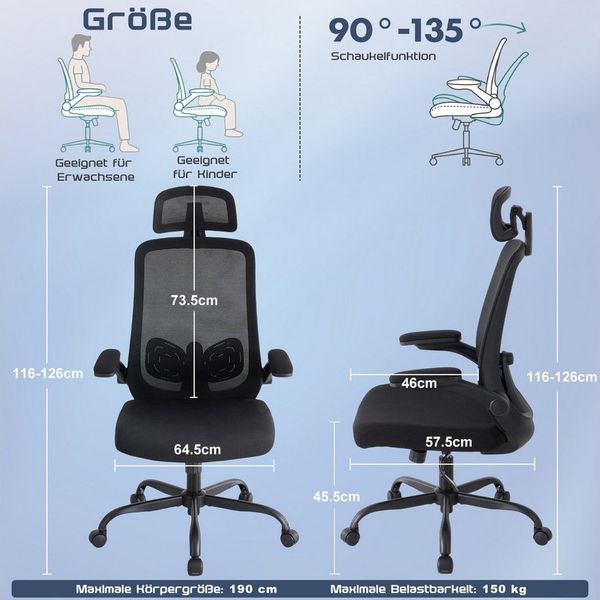 ANYSUN Bürostuhl Ergonomischer Stuhl– für langes Sitzen,Rücken- und Lendenunterstützung, bis 150 kg belastbar, verstellbare Kopfstütze & Wippfunktion