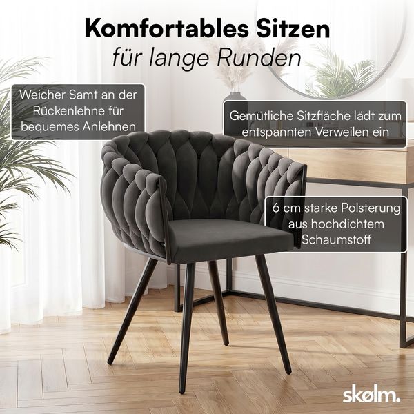 skølm 'Sudri' Esszimmerstühle, 6er Set, dunkelgrau, gepolstert mit Samtbezug, höhenverstellbar, Schalenstuhl mit Armlehne, bis 120 kg belastbar Bild 7