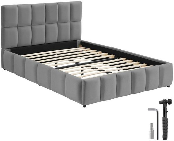 tectake Polsterbett elegantes sofa mit Lattenrost 120x200 cm und samtbezug (moderner Polsterbett Shirley, in Samtoptik dunkelgrau), hohe belastbarkeit bis 250 kg