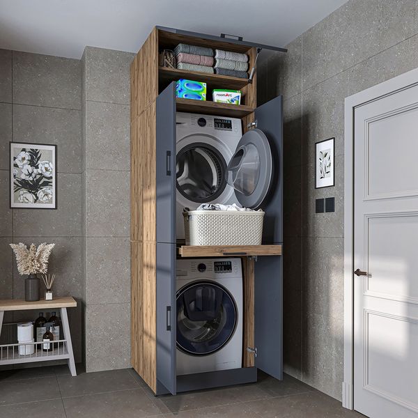 Roomart Waschmaschinenschrank DORA-I- Waschmaschinen- & Trocknerschrank mit Türen & Ausziehbrett – Waschküchenschrank für Waschmaschine & Trockner • Anthrazit-Eiche