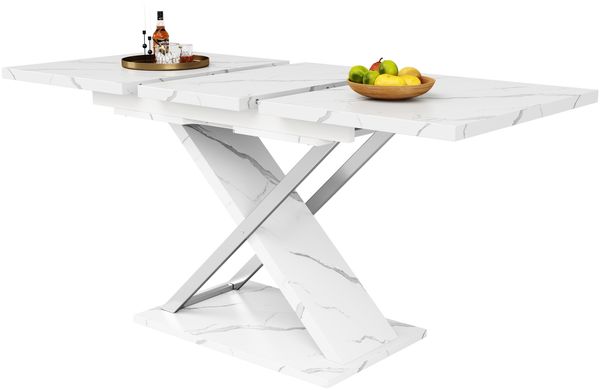 Merax Esstisch Ausziehtisch (118-157×75cm), Küchen-Wohnzimmertisch, Anstecktisch, Ausziehbar auf 118-157cm mit Hilfe von innenliegender Einlegeplatte, Esstisch mit Kreuzbeinen , Weiß Bild 10