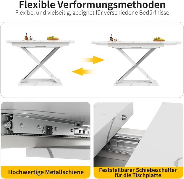Merax Esstisch Ausziehtisch (118-157×75cm), Küchen-Wohnzimmertisch, Anstecktisch, Ausziehbar auf 118-157cm mit Hilfe von innenliegender Einlegeplatte, Esstisch mit Kreuzbeinen , Weiß Bild 6