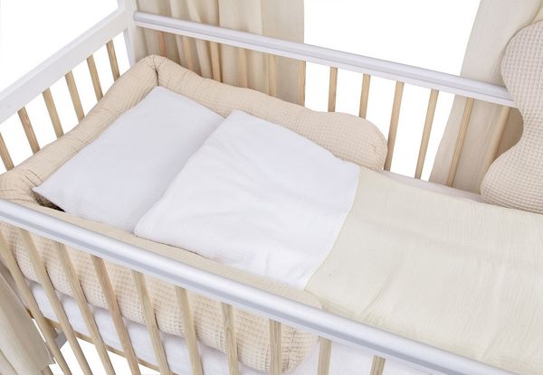 Baby-Delux Komplettbett Hausbett Babybett Komplettset Waffelpique Musselin, 12-tlg, Kinderbett 60x120 cm weiß Natur, Bettset verschiedene Designs