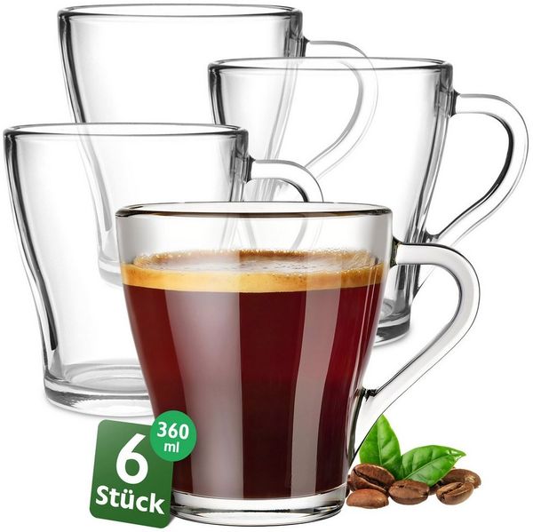 KONZEPT Teeglas mit Henkel XL Set 360 ml Kaffeegläser Transparent Glühweingläser, 6-tlg, Set 4/6 tlg. für Heiße Getränke, spülmaschinenfest