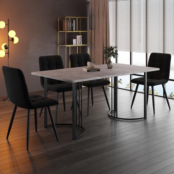 Merax Essgruppe (5-tlg), Esstisch mit 4 Stühlen Set, Moderner Küchentisch Set , 140×80cm Küchentisch mit Schwarz Metallbeinen, MDF Tischplatte in Grau, Schwarz Samt Esszimmerstühle