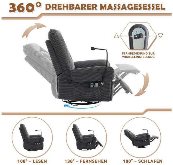 i@home Massagesessel Elektrisch verstellbarer TV-Sessel (Relaxsessel mit Beinstütze), mit Massage- und Heizfunktion, 360° drehbarer Sessel, grau