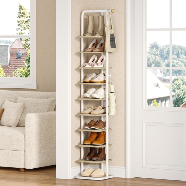 Schuhregal, 10-Stockige Schuhablage Schmal, Vertikales Schuhregal, Verstellbar Ablage, für Eingangsbereich Wohnzimmer Schlafzimmer Flur, Weißeiche und Weiß