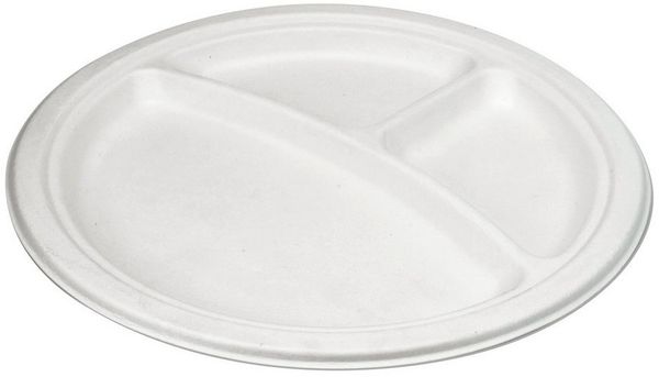 wisefood Einwegteller Bagasse Teller 3 Fach - 23cm (rund, weiß) -, (50 St)