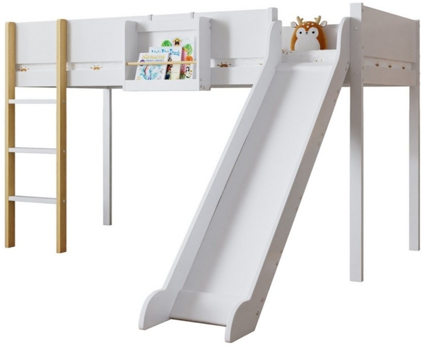TavilaEcon Hochbett Kinderbett Jugendbett mit Rutsche und dreistufiger gerader Leiter mit abnehmbarem Regal, Kiefer+MDF, Weiß+Natur, 90x200 cm
