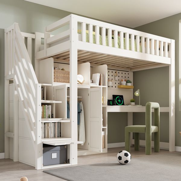 Merax Hochbett 90x200cm mit Schreibtisch, Kinderbett, Einzelbett, Leiterschrank & Kleiderschrank, offene Regale, USB/USB‑C Anschlüsse, Weiß