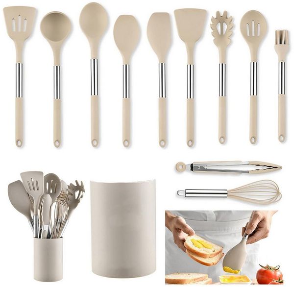 OKWISH Kochbesteck-Set 12er Küchenhelfer Set Kochgeschirr (Kochset Antihaft Hitzebeständig mit Utensilienhalter und Aufhängeloch, 12-tlg, Silikon, Kochbesteck, Kochutensilien), Spülmaschinengeeignet für Kochen Braten Schöpfen Mischen und Backen