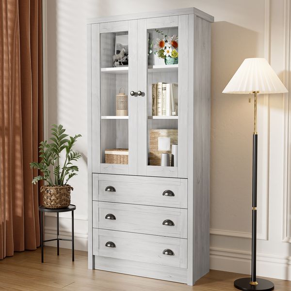 Highboard 2 Glastüren, 3 Schubladen, Kupfergriffen