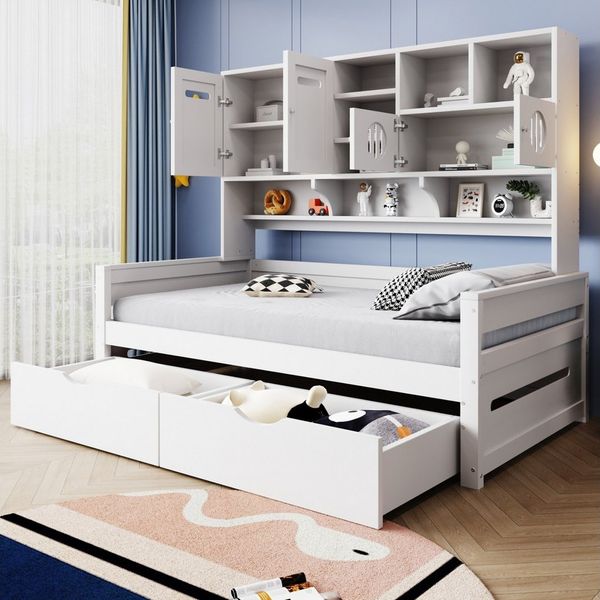 Merax Daybett (Sofabett Schlafsofa Jugendbett Kinderbett Einzelbett Schrankbett, 1 tlg), Kiefer Tagesbett 90x200cm mit Stauraum Schubladen Schrank Regalfächern