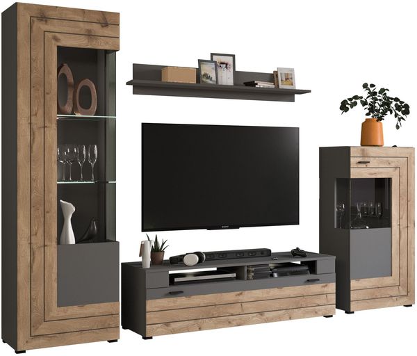 Xonox 'Freno' Wohnwandkombination, 4-teilig, Holzwerkstoff grau / nox eiche, 290 x 40 x 194 cm