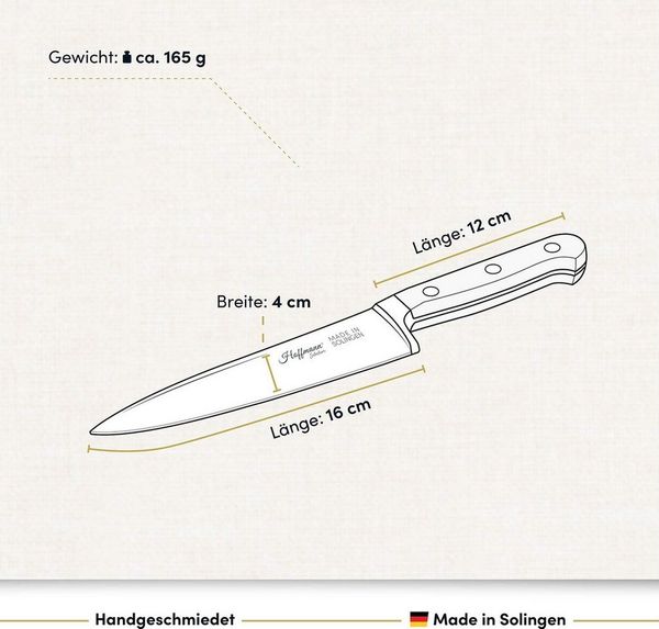 Hoffmann Germany Kochmesser Chefmesser klein handgeschmiedet Solingen 16 cm – rostfrei, X50CrMoV15, 58 HRC, Glatter Schliff, POM-Griff, Solingen