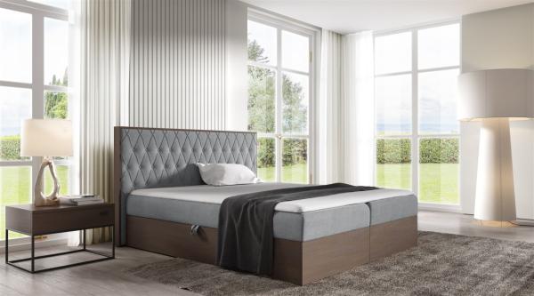 Boxspringbett Bett BROMIA 180x200 cm Dunkel Eiche Stoff Grau inkl. Bettkasten