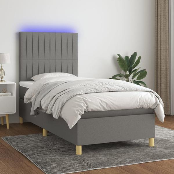 vidaXL Boxspringbett mit Matratze & LED Dunkelgrau 90x200 cm Stoff 3135566