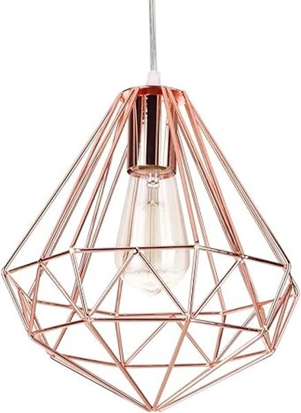 iDEGU Moderne Pendelleuchte, Deckenleuchte im Industrial-Stil, Lampenschirm aus Metallgitter — Beleuchtung , Dekoration fur Schlafzimmer, Wohnzimmer und Esszimmer — Roségold (Rautenform, 25 cm)