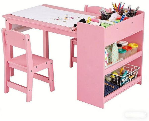 GarveeMore Kinderschreibtisch Kunsttisch mit 2 Stühlen Holz Kinder Aktivität Schreibtisch