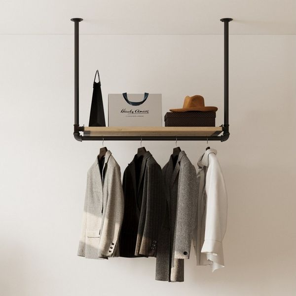 RSR Hangers Garderobenständer Kleiderstange Garderobe "MIK II" mit Kiefernholablage Deckenmontage