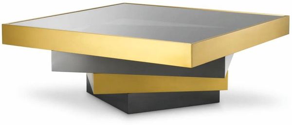 Casa Padrino Luxus Edelstahl Couchtisch mit Glasplatte Messing / Bronze / Grau 105 cm