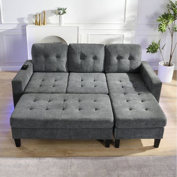 Merax Schlafsofa L-Form Sofa mit LED-Beleuchtung, 185x135x85cm, Flexibles Design,Chenille-Stoff 1 Teile, 3-Sitzer Chaiselongen mit XXL Fußbank, Modulares Sofabett Ecksofa