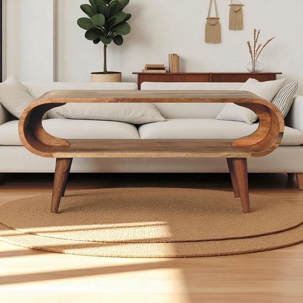Flieks Couchtisch aus Massivholz in Eiche-Optik, nordischer Stil mit offenem Schlitz, 90 x 35 x 40cm, Natur