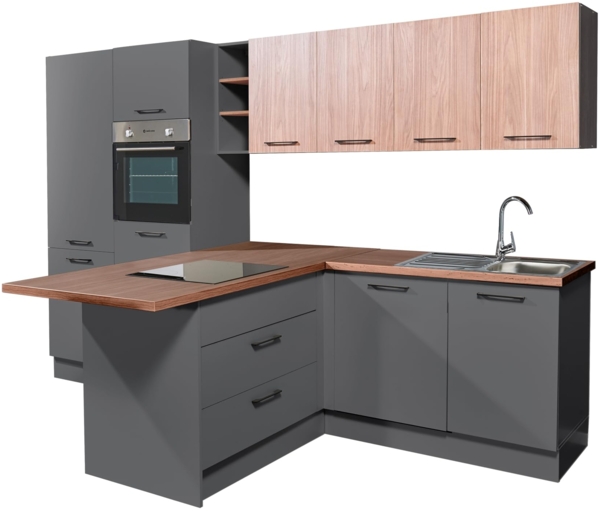 GIRONA ZB Küchenzeile 325 x 211 x 200 cm, Graphit – Ohne Küchengeräte – Moderne Küche mit viel Stauraum und Walnuss-Arbeitsplatte