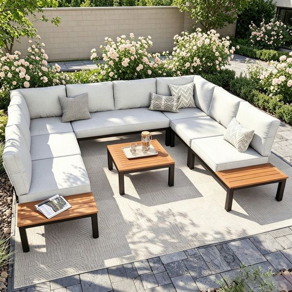 PHI VILLA Gartenlounge-Set, (Balkonmöbel Outdoor Ecksofa, Metall Gartenmöbel Set), Außen Gartensofa Wetterfest mit Couchtisch und Kissen, Beige-Grau