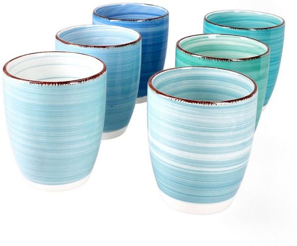 MamboCat Becher 6er Kaffeebecher Set Blue 300ml ohne Henkel Trinkbecher Tee Pott, Steingut