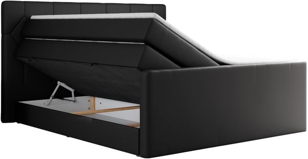 Boxspringbett KING EIGAR, mit einer Doppelmatratze, einem genähten Kopfteil - 140x200 - Schwarz Kunstleder - H3 Bild 4