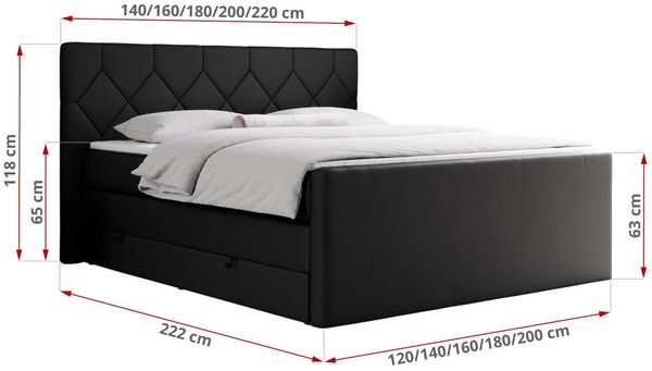 Boxspringbett KING EIGAR, mit einer Doppelmatratze, einem genähten Kopfteil - 140x200 - Schwarz Kunstleder - H3 Bild 5
