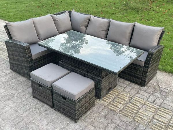 Fimous Hoher Rücken Outdoor Gartenmöbel-Set Ecksofa Sets Höhenverstellbarer Esstisch Dunkelgrau gemischt 8 Sitzer Linke Ecke