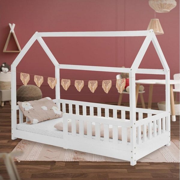 ML-DESIGN Kinderbett Hausbett Spielbett inkl. Lattenrost kreativ Bodenbett für Kinder, Abenteuerbett mit Rausfallschutz Spielbett Kiefer Weiß Himmelbett
