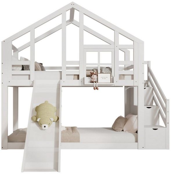 autolock Kinderbett Kinderbett Etagenbett,Hausbett Baumhaus mit Schublade,Rausfallschutz, hochbett mit Rutsche,2x Lattenrost- 2 Schlafplätze