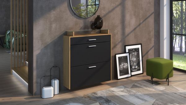 Vladon Schuhschrank Malea (hängender Schuhkipper für 16 Paar Schuhe, mit 1 Schublade und Glasablage) Schuhregal in Eiche Skandi / Schwarz matt (89 x 95,5 x 23 cm)