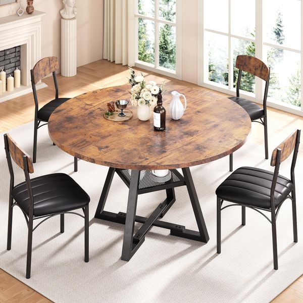 Jocoevol Runder Esstisch und 4 Esszimmerstühle Set, Essgruppe 5-Teilig, Esszimmertisch mit Ablage und 4 stühle, platzsparender Küchentisch aus Holz im Industrial Design (Vintage Braun, 120 x 120 x 76 cm)