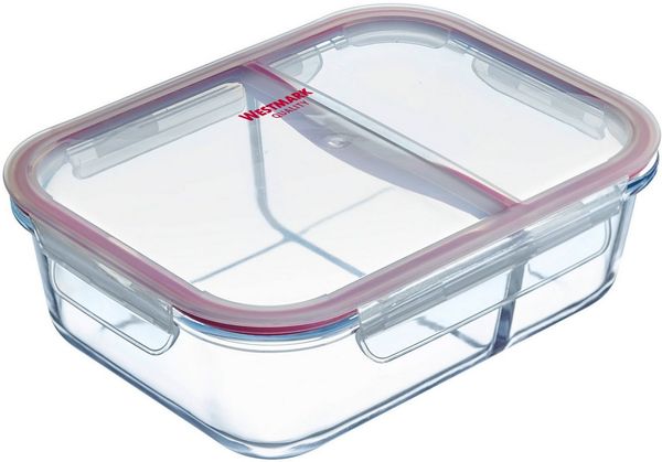 WESTMARK Frischhaltedose Glas-Frischhaltedose 1380 ml, mit 2 separaten Fächern, Borosilikatglas, Polyprophylen (PP), Silikon, (1-tlg), mikrowellen- und ofenfest, 1380 ml = 850 + 530 ml