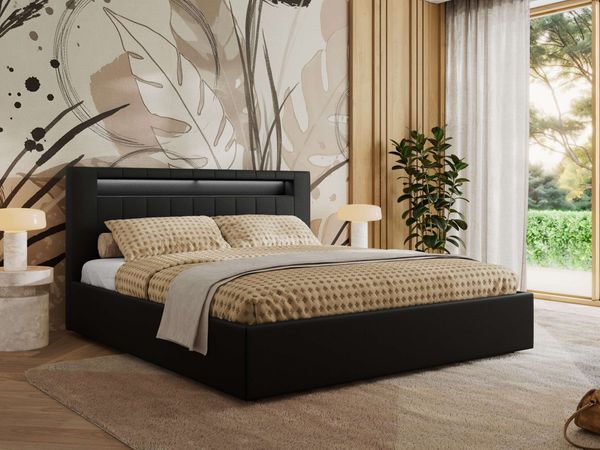 Polsterbett GOLD 5 CLASSIC 140 x 200 cm mit LED-Beleuchtung & Bettkasten, Doppelbett inkl. Lattenrost, Metall-Lift-System & Stauraum, Foam Matratze - Schwarz Kunstleder - MIRO LUX