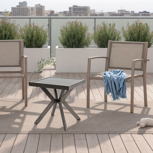 Flieks Beistelltisch Outdoor, Aluminium Gartentisch klein, wetterfest rostfrei, modernes geometrisches Design, Grau