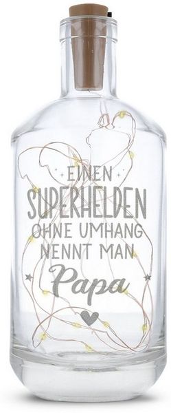 GRAVURZEILE Lichterkette Flasche mit Gravur - Superheld Papa Design, 20 LEDs Lichterkette mit Schalter am Korken Drahtlichterkette