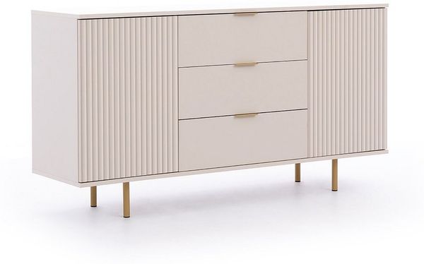 Lomadox Wohnzimmer-Set NADOR-132, (Mega-Spar-Set, 4-St, Couchtisch Highboard Sideboard Vitrine), Kaschmir mit goldfarbenen Metallgriffen und -füßen, Front Rillenoptik