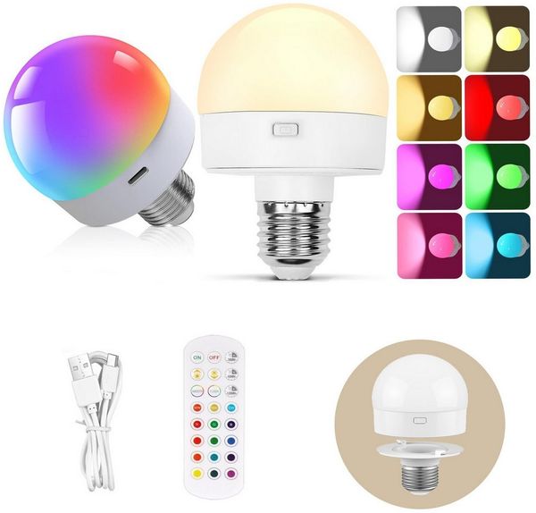 Jibenhome LED Nachtlicht USB Dimmbar LED Glühbirne, Schranklicht E27 Akku Aufladbar Batterie, RGB, Wiederaufladbare mit Fernbedienung & Timing