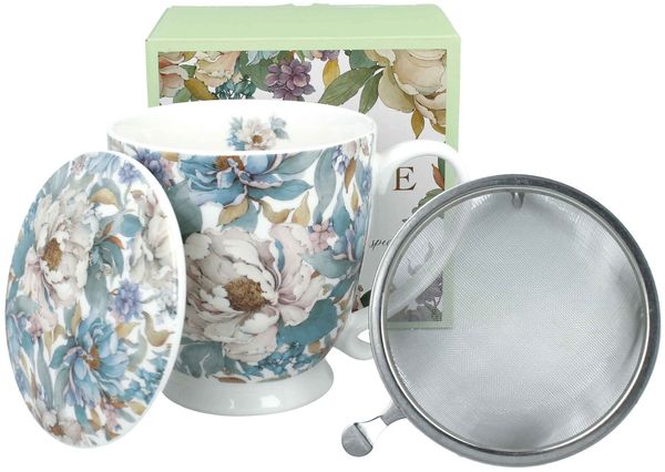 DUO Becher PEONY WHITE mit Fuß, 500 ml, inkl. Deckel und Teesieb, New Bone China Porzellan