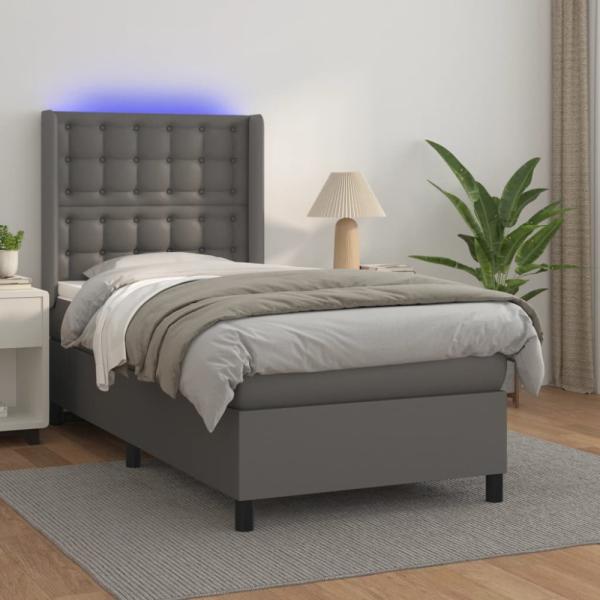 vidaXL Boxspringbett mit Matratze & LED Grau 90x190 cm Kunstleder 3139359