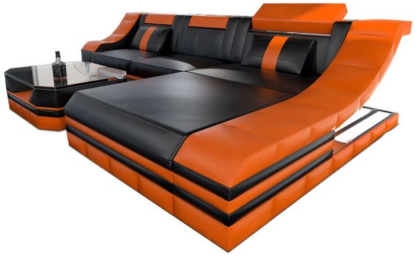 Couch Turino L Form in Leder - Echtleder - schwarz-orange - Rechts