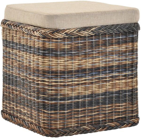Krines Home Sitztruhe Rattan Wäschekorb Quadratisch Wäschetruhe Sitz gepolstert Flur-Bank, Aufbewahrungsbox mit Deckel Bad-Hocker Sitzhocker Wäschesammler